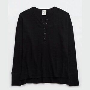 Aerie Waffle Henley Long Sleeve Shirt Size S - BLACK